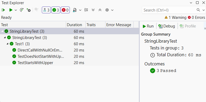 [テスト エクスプローラー] ウィンドウと成功したテスト