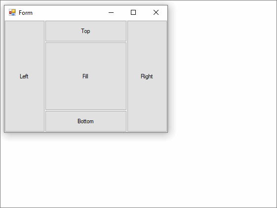 すべての位置にドッキングされたボタンを含む Windows フォームのサイズ変更方法を示すアニメーション。