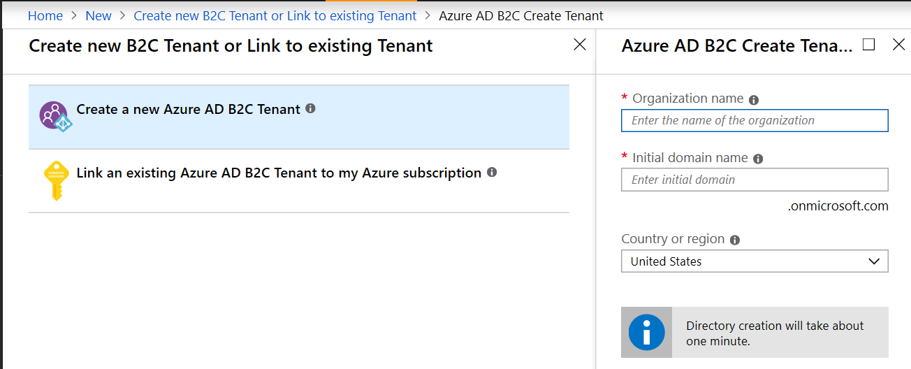 Azure portal で新しい Microsoft Entra B2C テナントを作成するスクリーンショット。