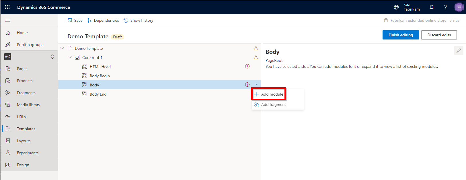 Commerce サイト ビルダーの Body スロットに新しいモジュールを追加するスクリーンショット。