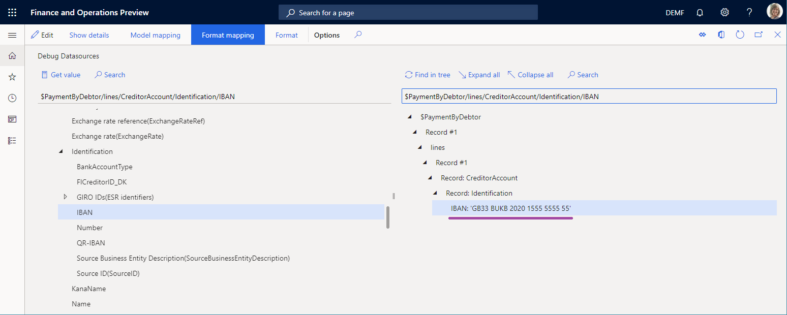 形式マッピングの IBAN フィールドの値のスクリーンショット。
