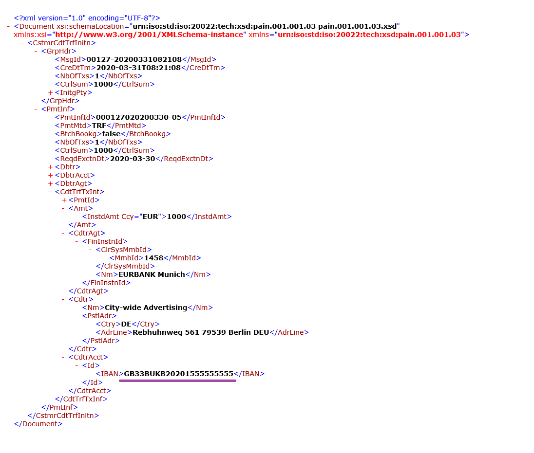 支払いファイルにスペースのない IBAN コードのスクリーンショット。