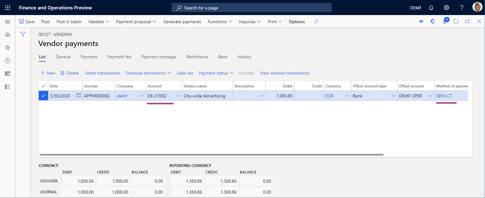 [仕入先支払] ページに追加された仕入先支払のスクリーンショット。