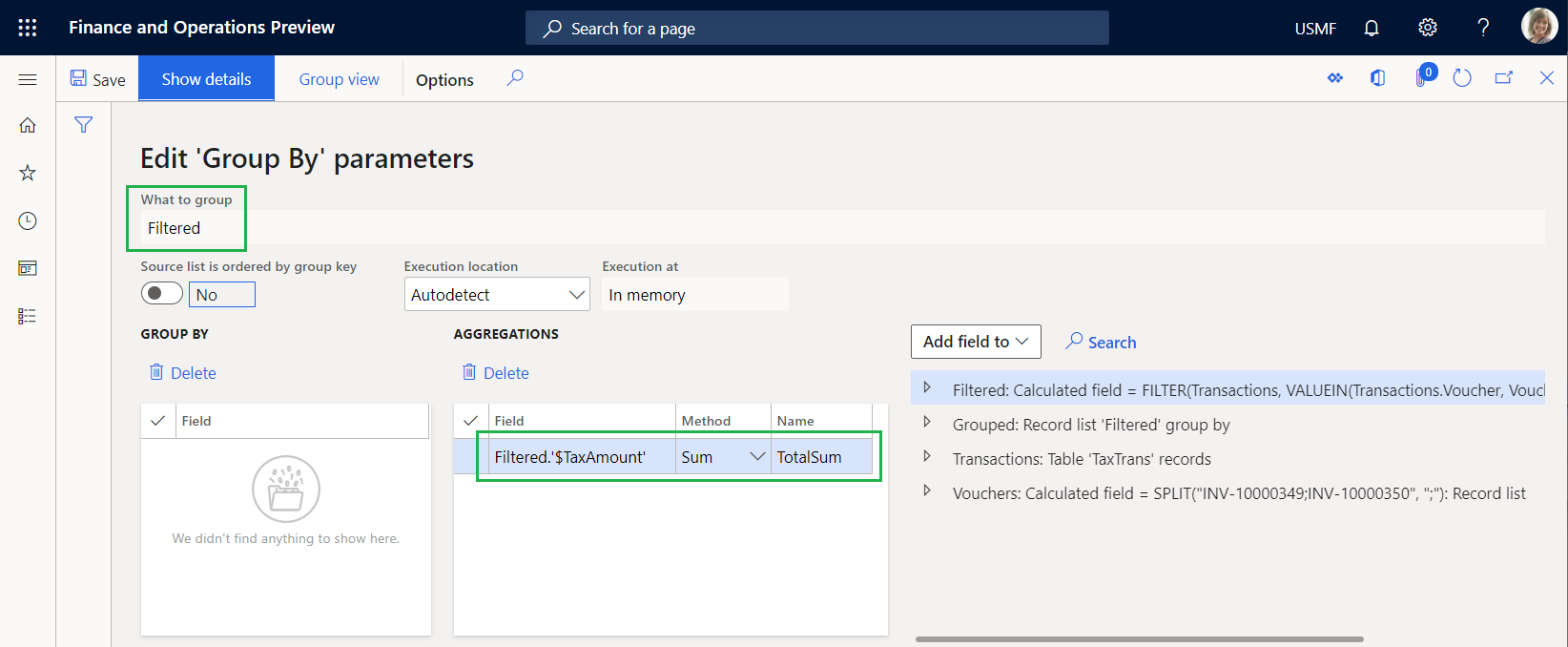 [GroupBy] パラメーターの編集ページの TotalSum 集計フィールドのスクリーンショット。