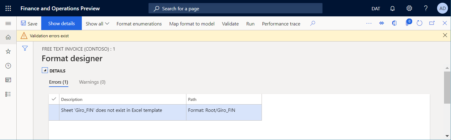 検証エラー メッセージのスクリーンショット。