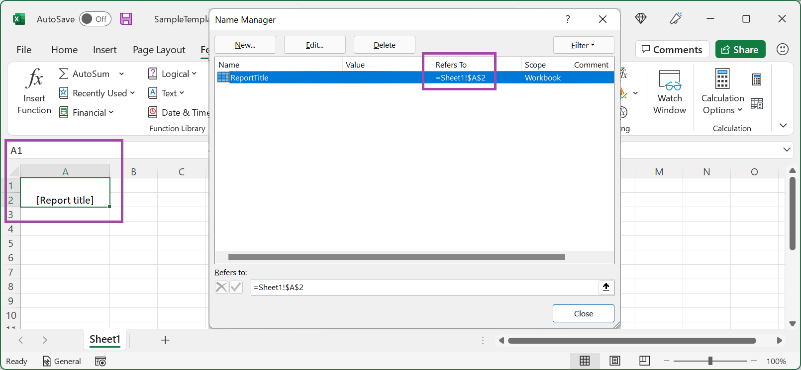 Excel デスクトップ アプリケーションでデザインされたExcel ブックのセル A1 と A2 を結合した結果を確認する画面。