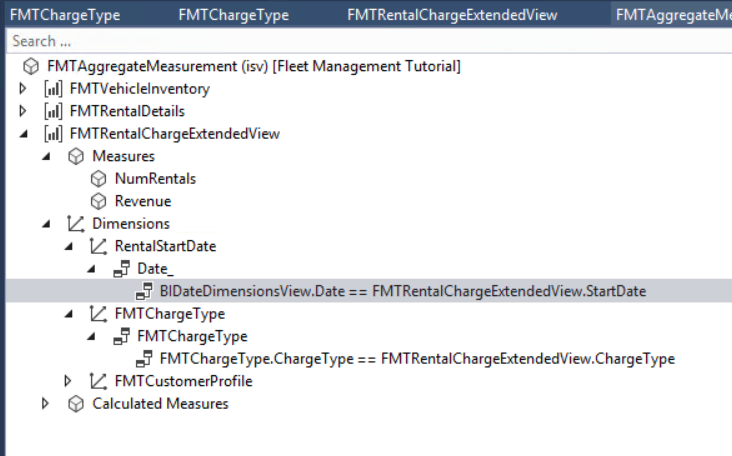 BIDateDimensionsView.Date==FMTRentalChargeExtendedView.StartDate のスクリーンショット。