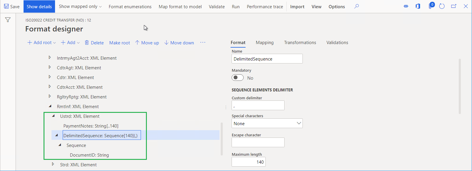 PaymentNotes コンポーネントと DelimitedSequence コンポーネントのスクリーンショット。