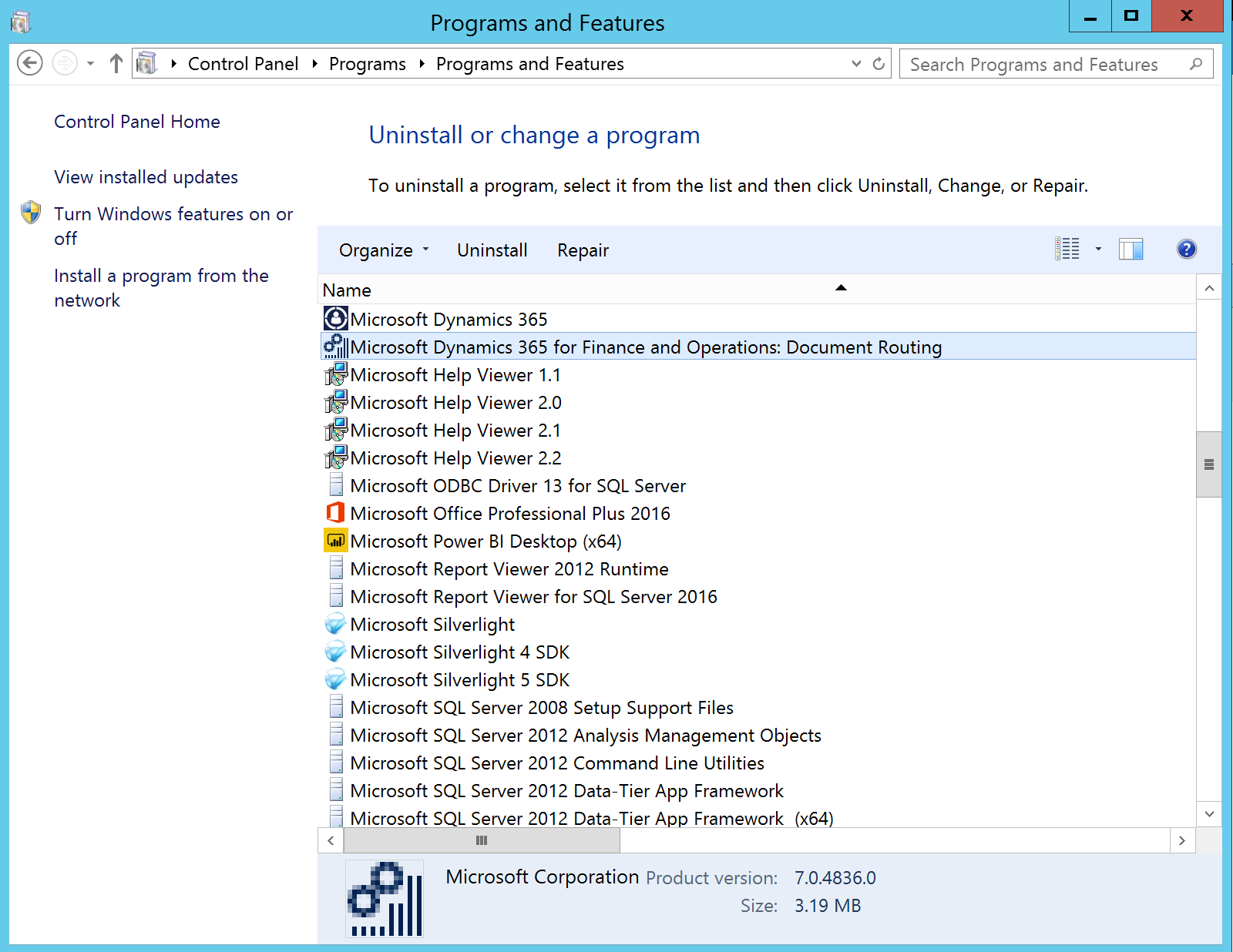 プログラムのアンインストールまたは変更ウィンドウに表示されているMicrosoft Dynamics 365 Finance: Document Routingのスクリーンショット。