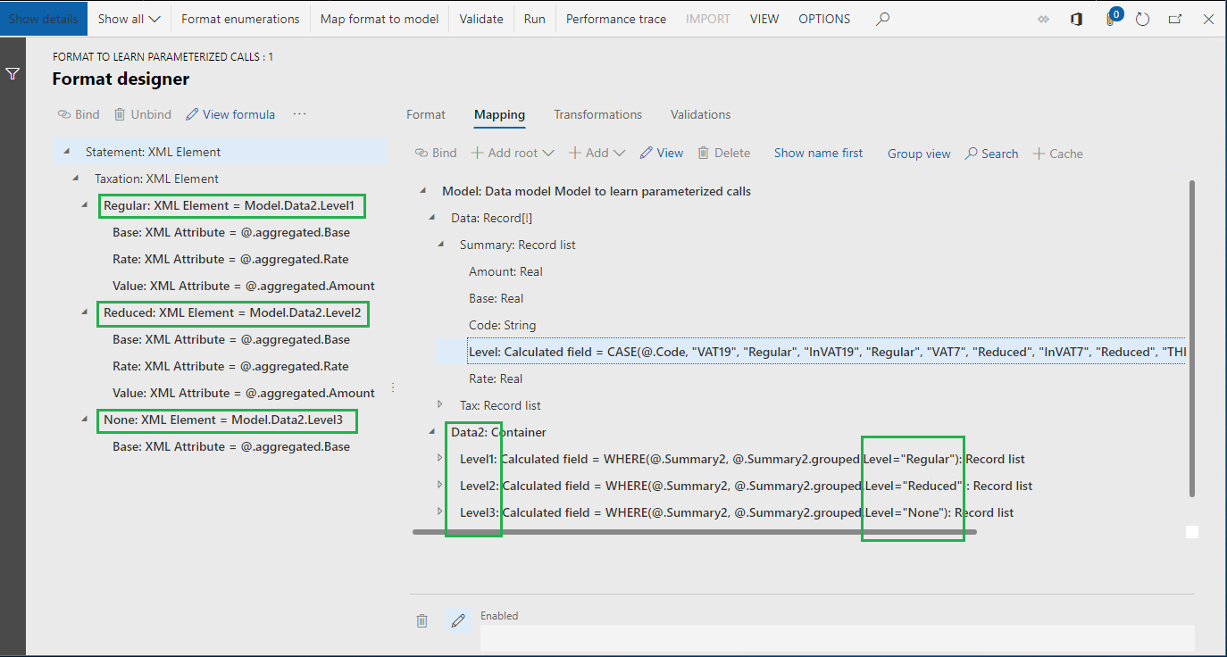 税トランザクションの Model.Data.Summary データ ソースリストのスクリーンショット。
