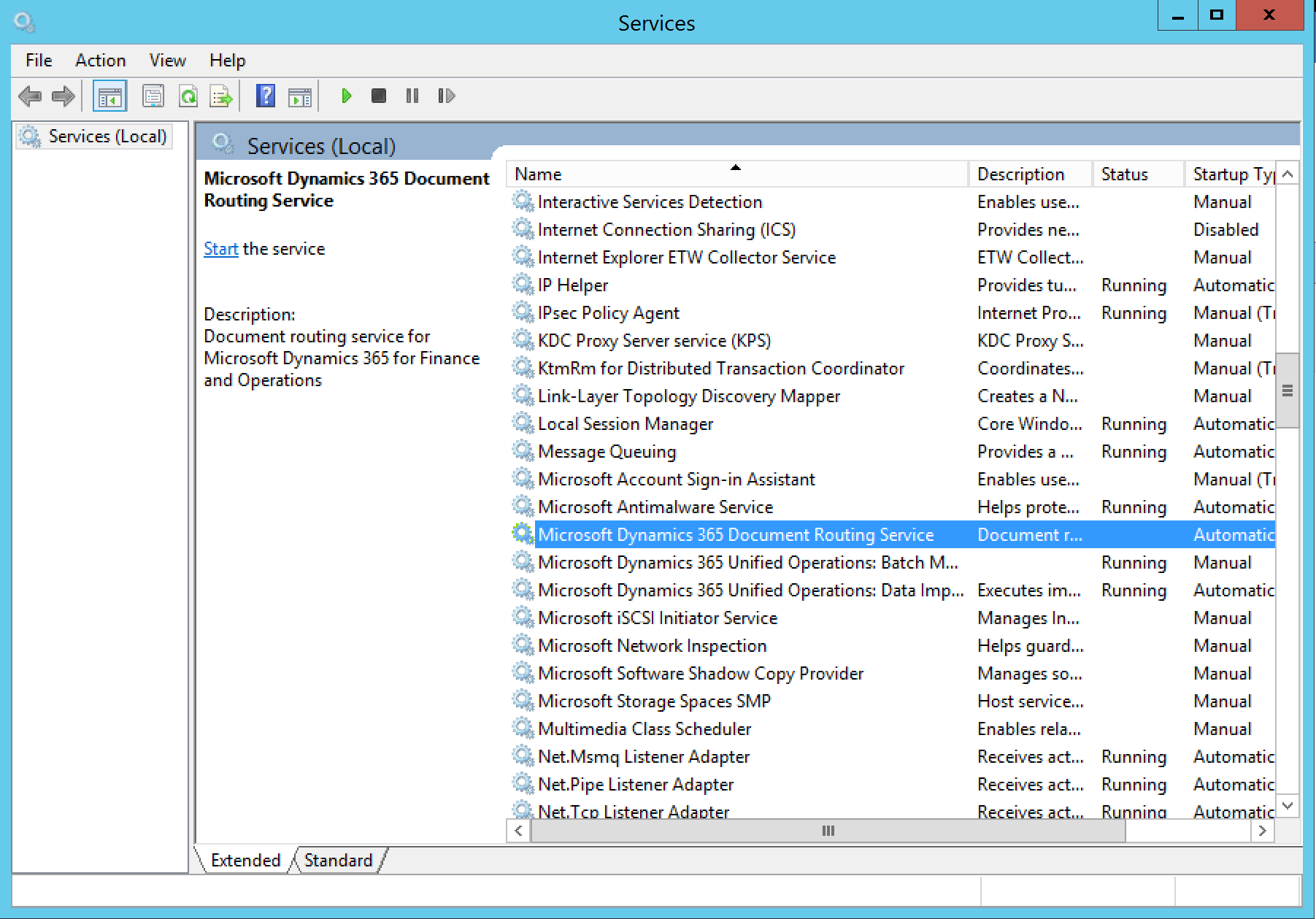 Microsoft Dynamics 365 ドキュメント ルーティング サービスがリストに含まれていることを示すサービス スナップインのスクリーンショット