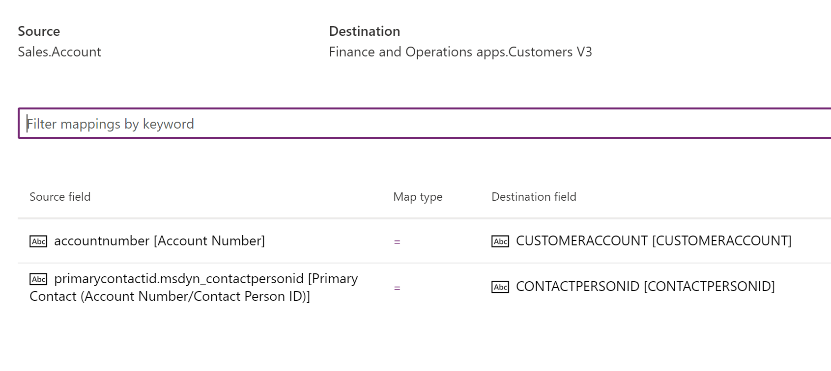 CustomerAccount と ContactPersonId を更新するデータ統合プロジェクトのスクリーンショット。