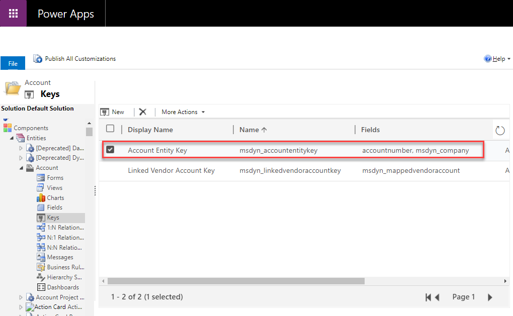 Dataverse で定義されている Account テーブルのスクリーンショット。