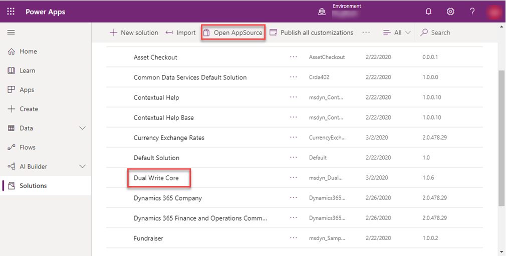 Power Apps の [デュアルライト コア ソリューションのインポート] ダイアログのスクリーンショット。