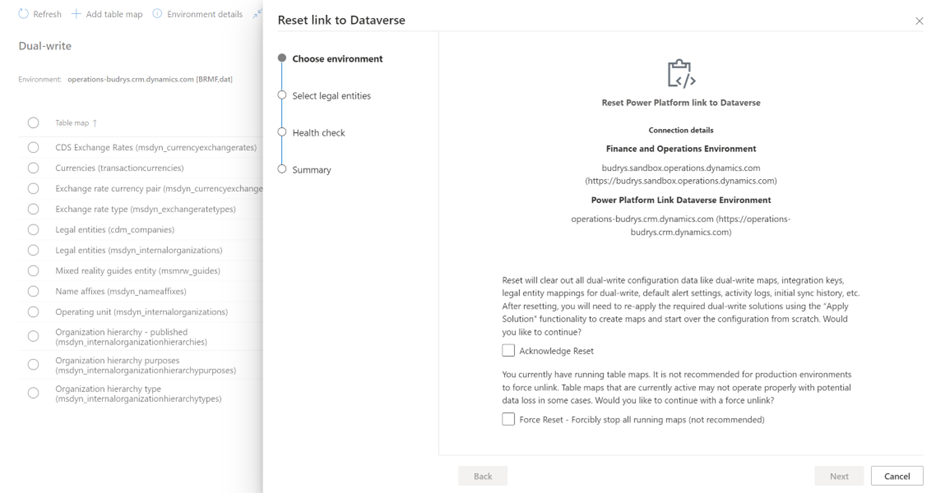 Dataverse ウィザードへの [リセット] リンクの [失敗] メッセージのスクリーンショット。
