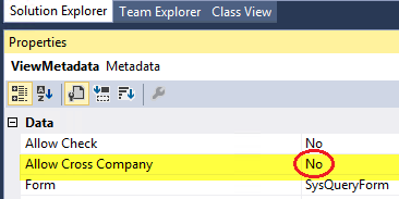 CustomerList ビューで [AllowCrossCompany] プロパティが [いいえ] に設定されているスクリーンショット。