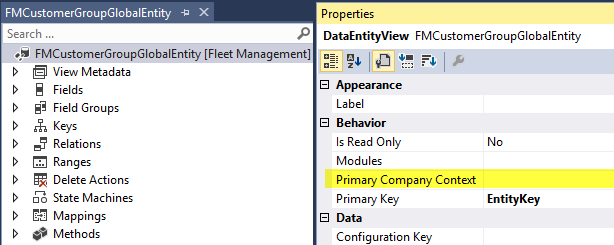 PrimaryCompanyContext プロパティに値が割り当てられていない FMCustomerGroupGlobalEntity エンティティのスクリーンショット。