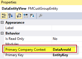FMCustGroupEntity エンティティで設定された PrimaryCompanyContext プロパティのスクリーンショット。