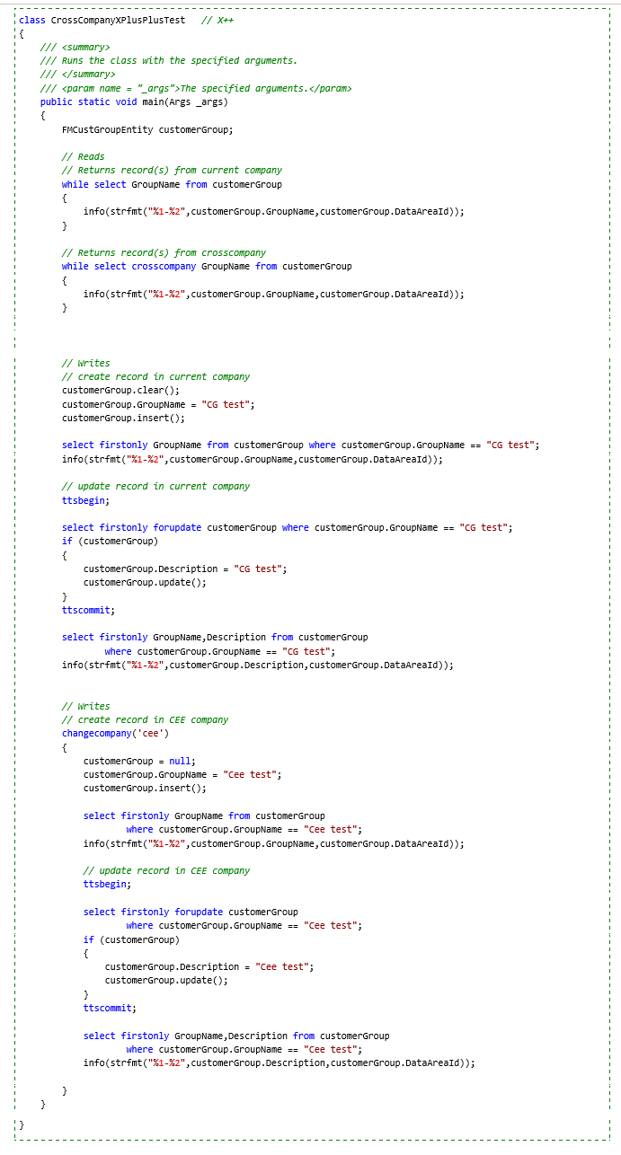 FMCustGroupEntity にアクセスする X++ コード例のスクリーンショット。