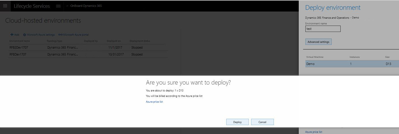 [環境のデプロイ] ページのスクリーンショット。