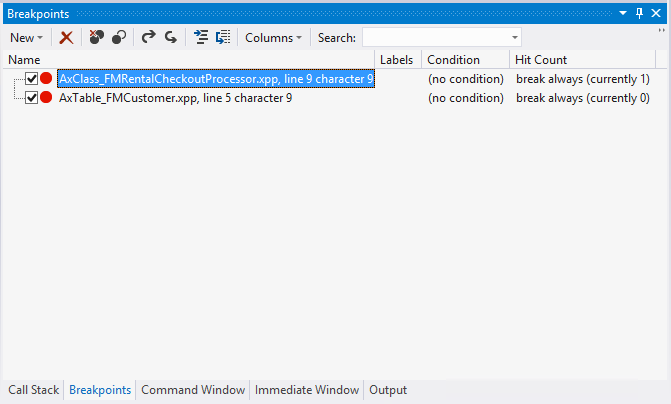 設定されているすべてのブレークポイントを一覧表示する [ブレークポイント] ウィンドウのスクリーンショット。