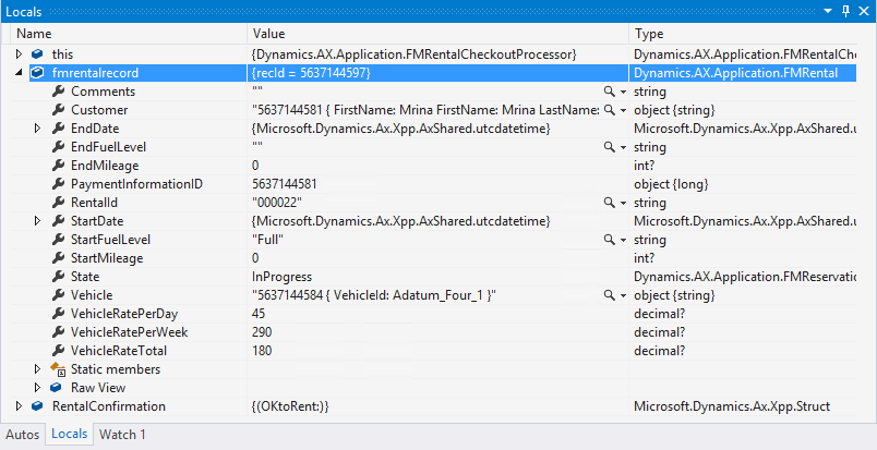 fmrentalrecord 変数の内部状態を示す [ローカル] ウィンドウのスクリーンショット。