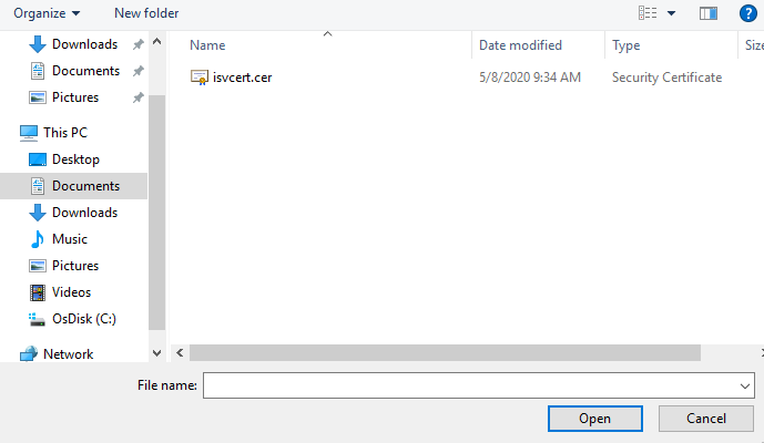リソースとして証明書の公開キーを選択するスクリーンショット。