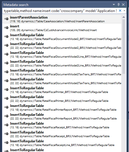 メタデータ検索ウィンドウのメタデータ検索結果のスクリーンショット。