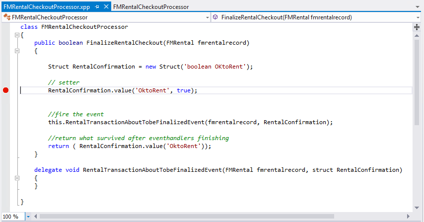 FMRentalCheckoutProcessor クラスの余白に赤で塗りつぶされた円として表示されるブレークポイントのスクリーンショット。