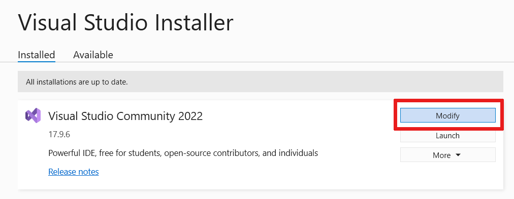 Visual Studio インストーラー アプリの [変更] ボタンの場所を示すスクリーンショット。