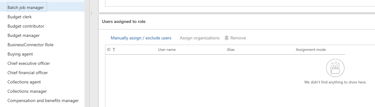 [ユーザーの手動割り当て/除外] オプションを使用した Batch Job Manager ロールの選択のスクリーンショット。