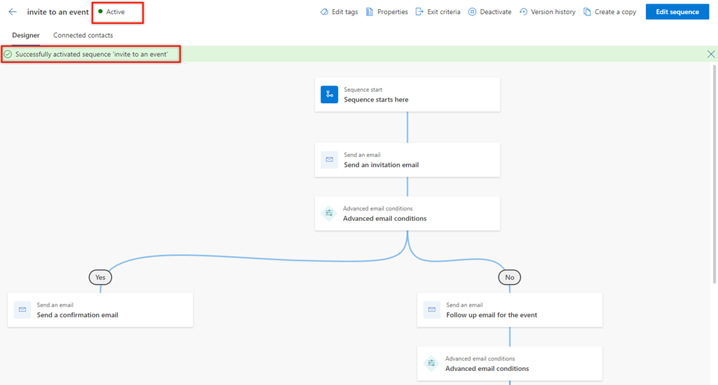 Dynamics 365 Sales でシーケンスをアクティブ化した後の確認メッセージと状態のスクリーンショット。