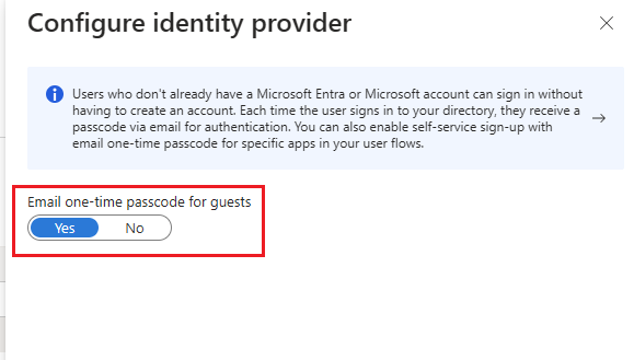 [電子メール ワンタイム パスコード] トグルを示すスクリーンショット。