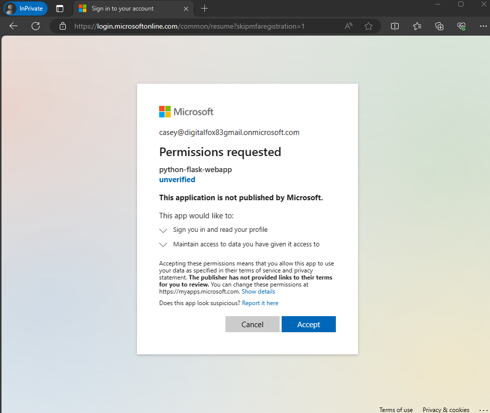 必要なアクセス許可にアクセスするための同意を要求するサンプル アプリを示す図。