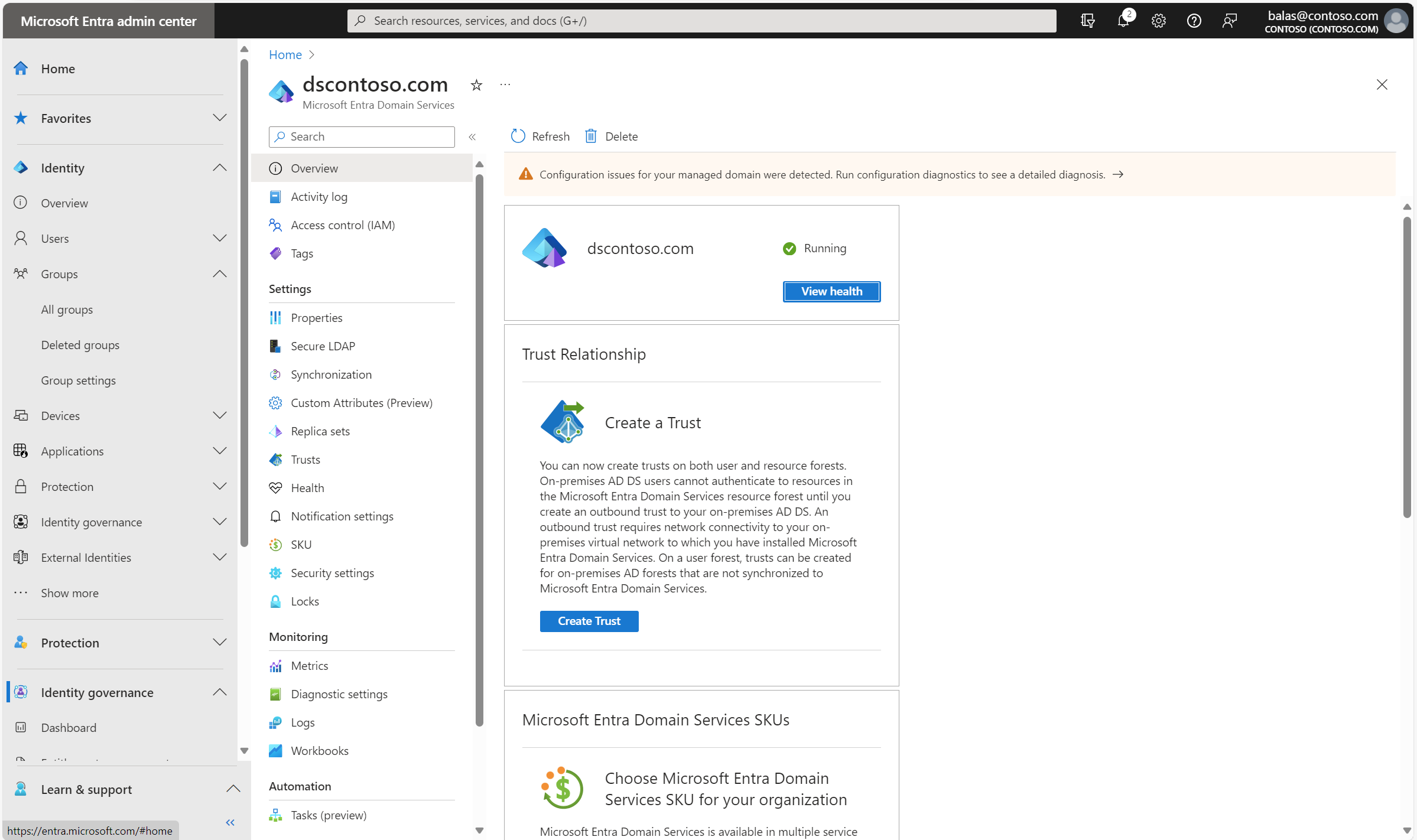 マネージド ドメインの [概要] ページのスクリーンショット。