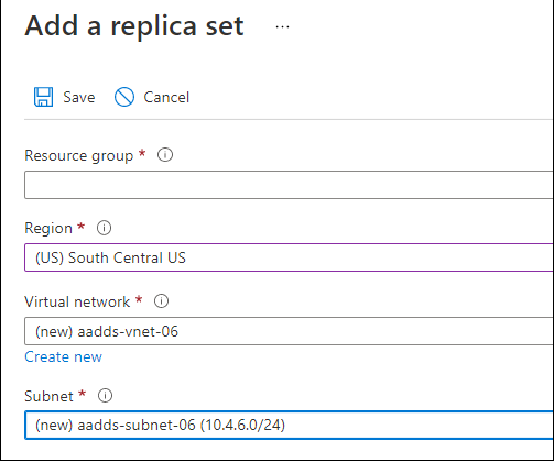 Microsoft Entra 管理センターでレプリカ セットを作成するスクリーンショットの例