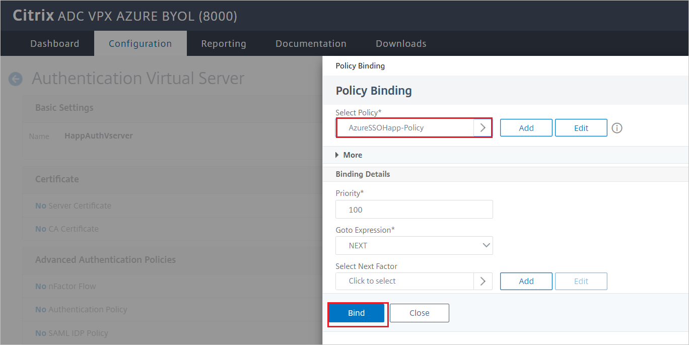 Citrix ADC の構成 - [ポリシー バインド] ウィンドウ