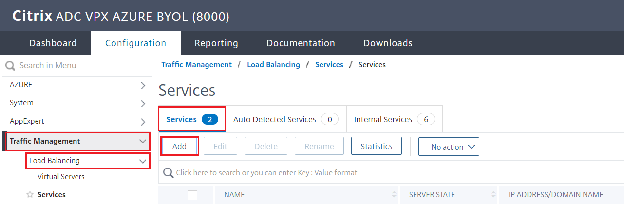 Citrix ADC の構成 - [サービス] ウィンドウ