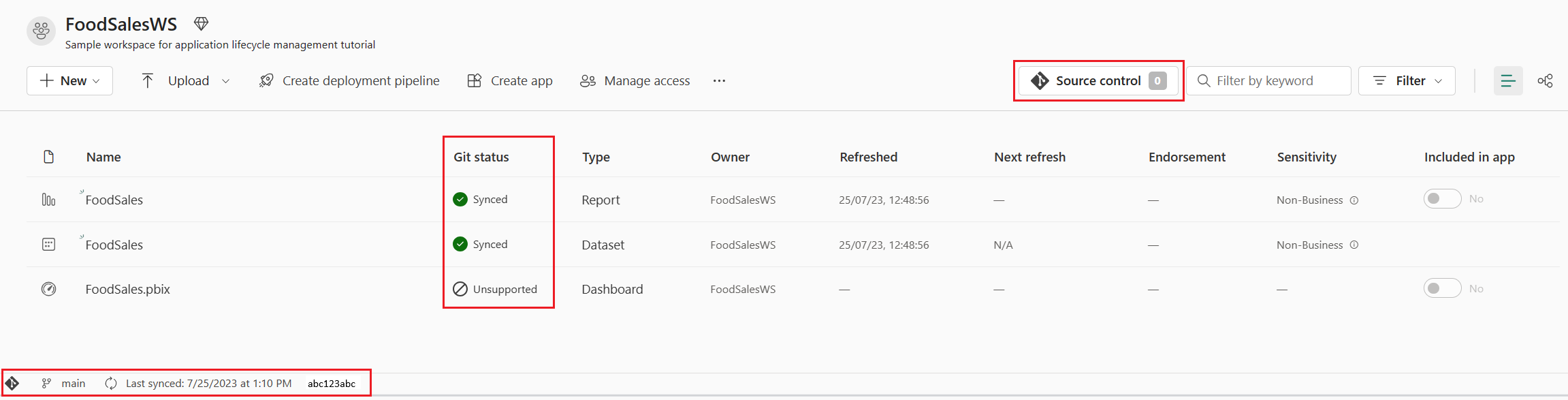 ソース管理アイコンとその他の Git 情報のスクリーンショット。