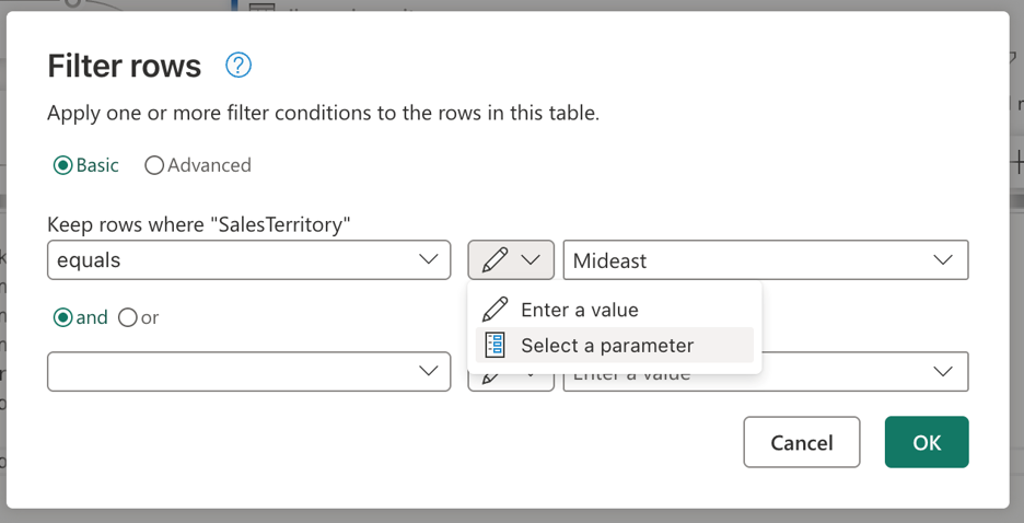 パラメーターを参照するオプションを含むフィルター行ダイアログの入力ウィジェットのスクリーンショット。