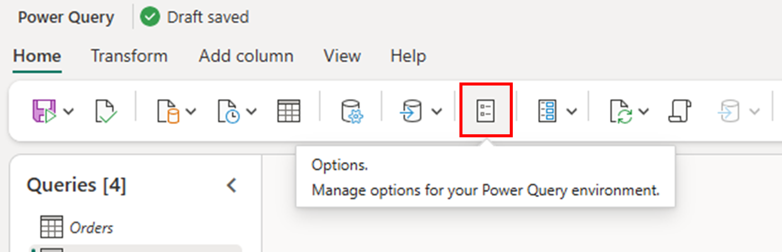 Power Query エディターのリボンの [ホーム] タブにある [オプション] ボタンのスクリーンショット。