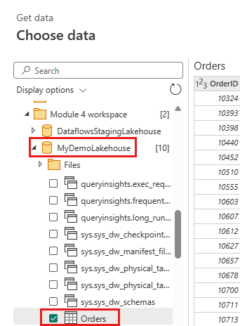 Orders テーブル レイクハウスの取得を示すスクリーンショット。