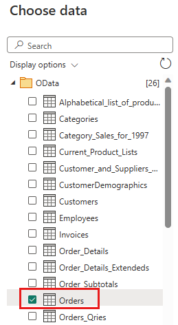 Orders テーブルの選択ダイアログを示すスクリーンショット。