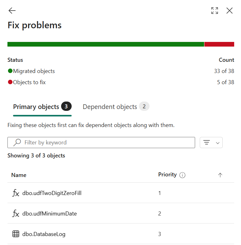 Migration Assistant の [問題の修正] リストの Fabric ポータルのスクリーンショット。
