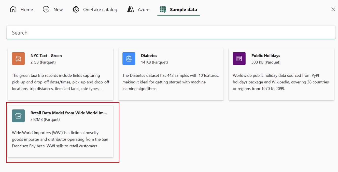 [サンプル データ] ページの Fabric ポータルのスクリーンショット。小売データ モデルが選択されています。