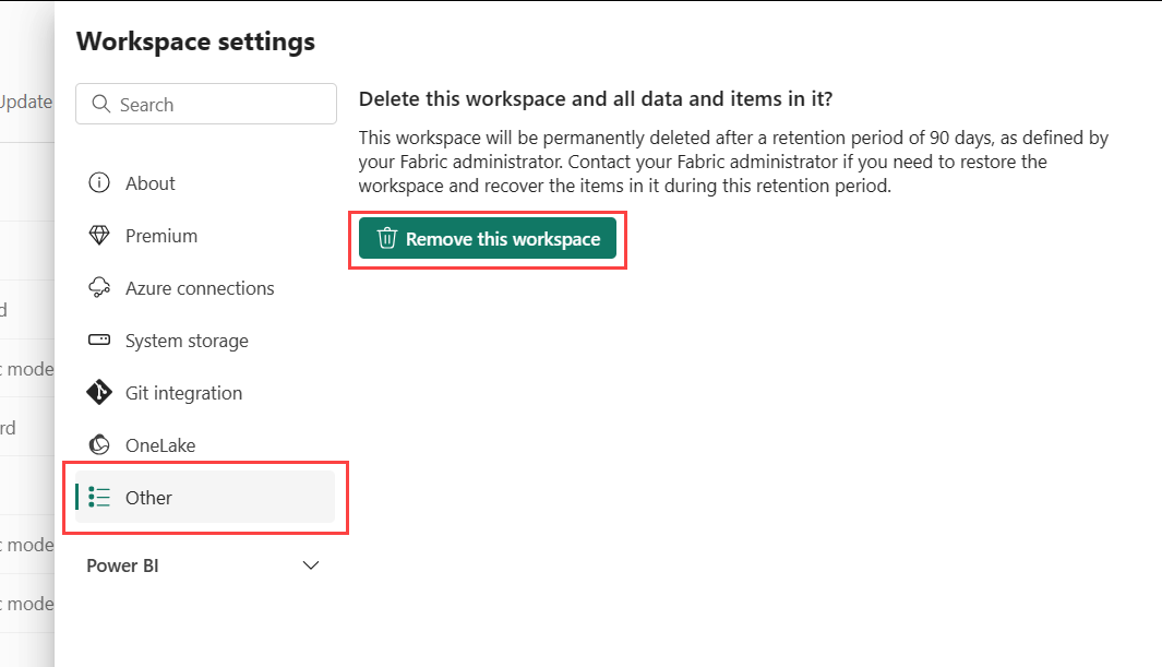 スクリーンショットは、ワークスペースを削除するダイアログを示しています。