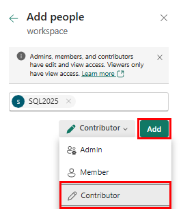 [ユーザーの追加] ダイアログのスクリーンショット。各ノードを Fabric 共同作成者ロールに追加します。