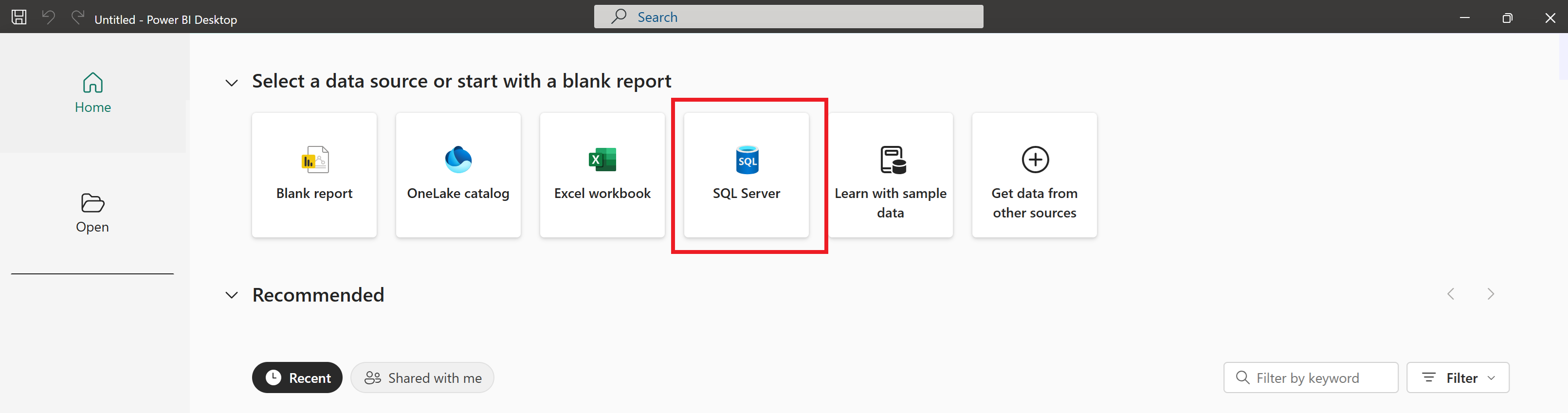 SQL Server データ ソースの選択のスクリーンショット。