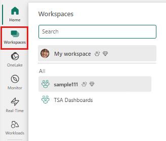 ワークスペースというタイトルのアイコンのドロップダウン メニューを示す UI の左側のメニューのスクリーンショット。ワークスペース アイコンが強調表示されています。