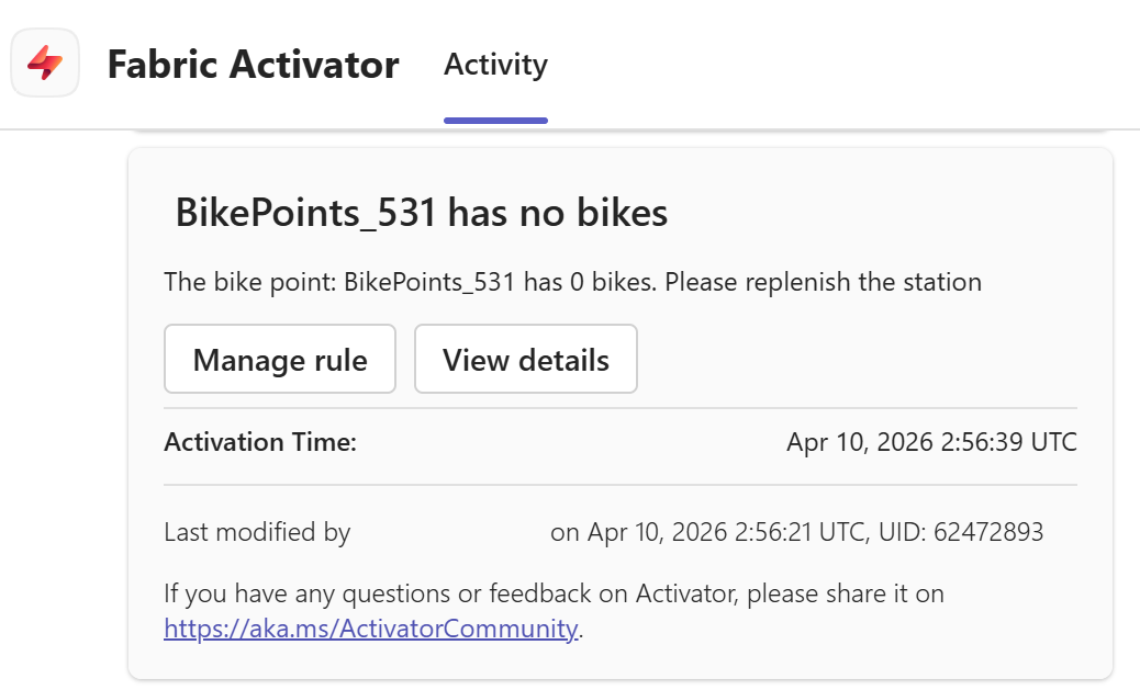 サンプルの Teams アラートのスクリーンショット。